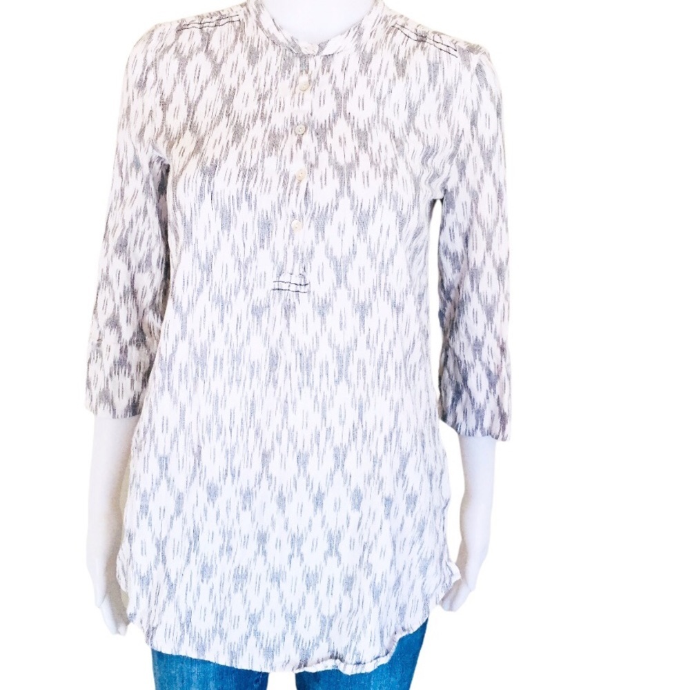 MASSIMO DUTTI Raindrop Print Collarless Tunic Shirt With Long Sleeves Grey Small